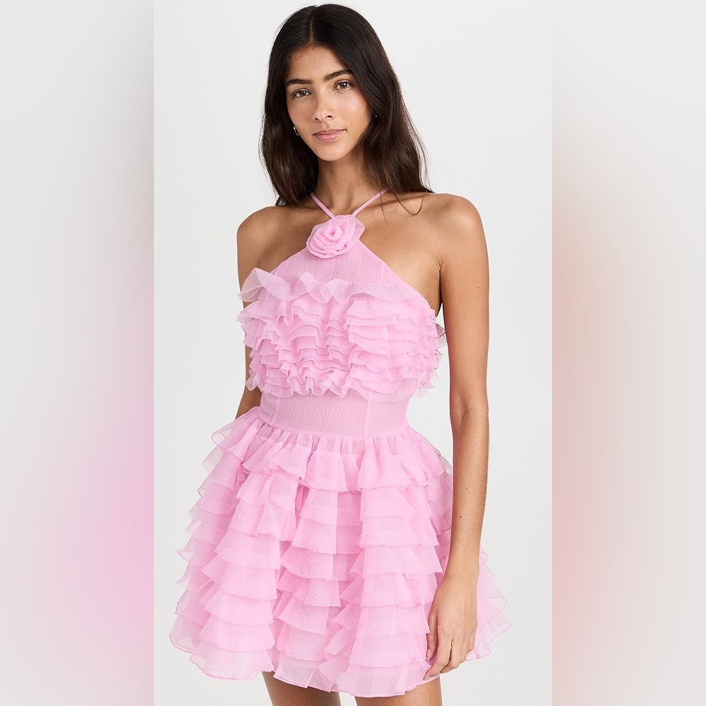 $595 STAUD Florian Ruffle Tiered Halter Mini Dress 💗 - Picture 4 of 8
